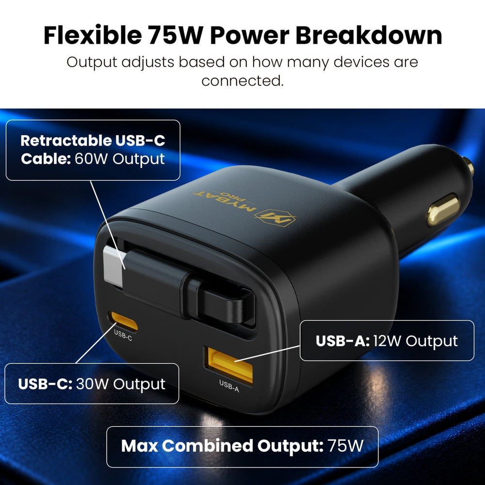 MyBat Pro 75W Dual-Port Car Charger with Retractable USB-C Cable + Digital Display - BlackMyBat Pro