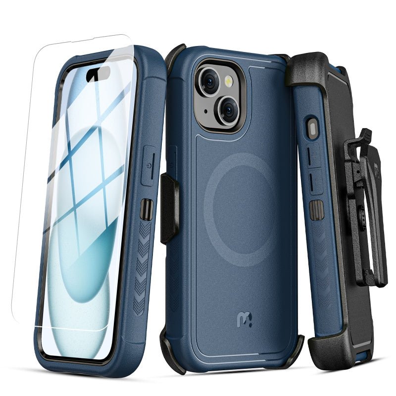 MyBat Pro Antimicrobial Maverick Series w/ MagSafe Case with Holster and Tempered Glass for Apple iPhone 15 (6.1)iPhone 15