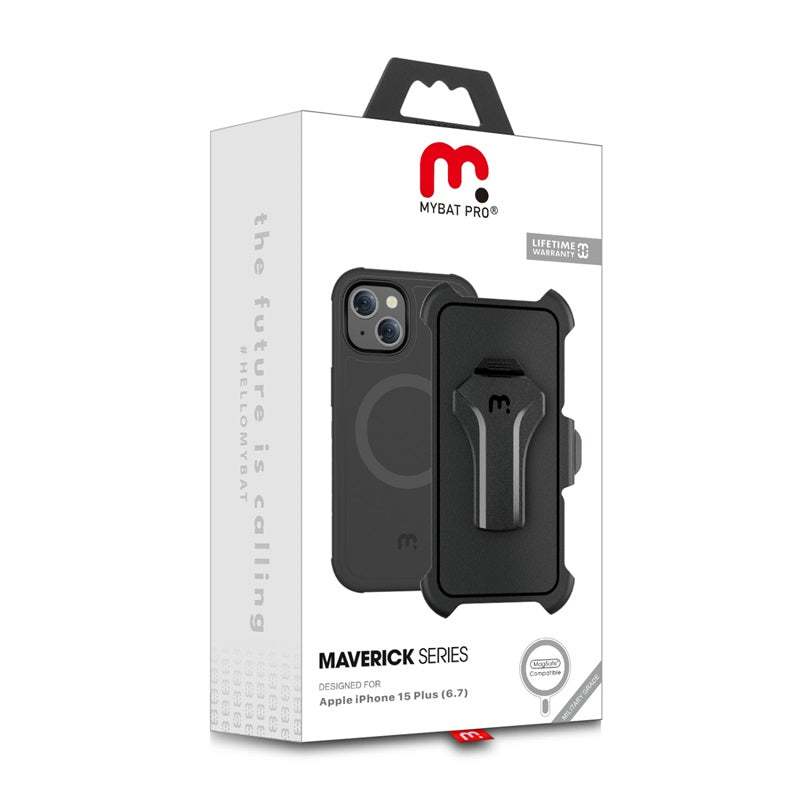 MyBat Pro Antimicrobial Maverick Series w/ MagSafe Case with Holster and Tempered Glass for Apple iPhone 15 Plus (6.7)iPhone 15 Plus