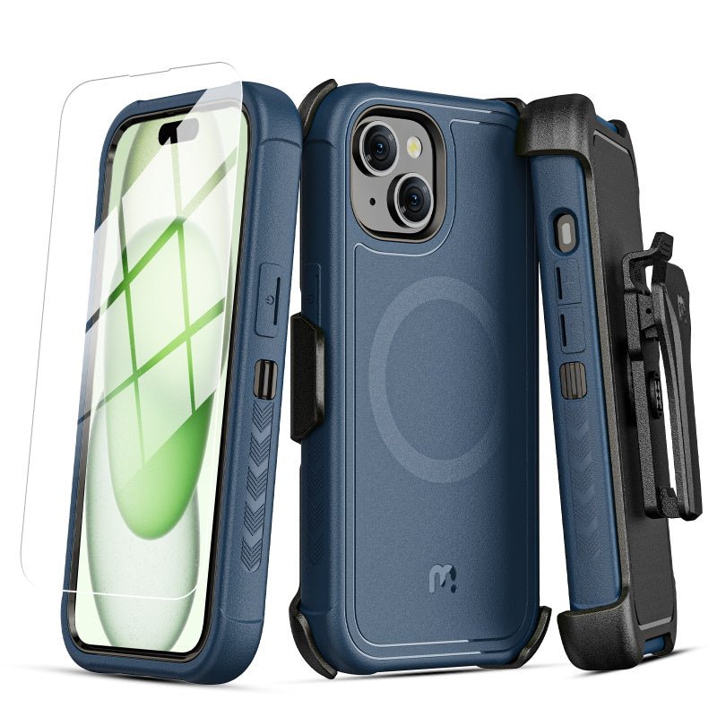 MyBat Pro Antimicrobial Maverick Series w/ MagSafe Case with Holster and Tempered Glass for Apple iPhone 15 Plus (6.7)iPhone 15 Plus
