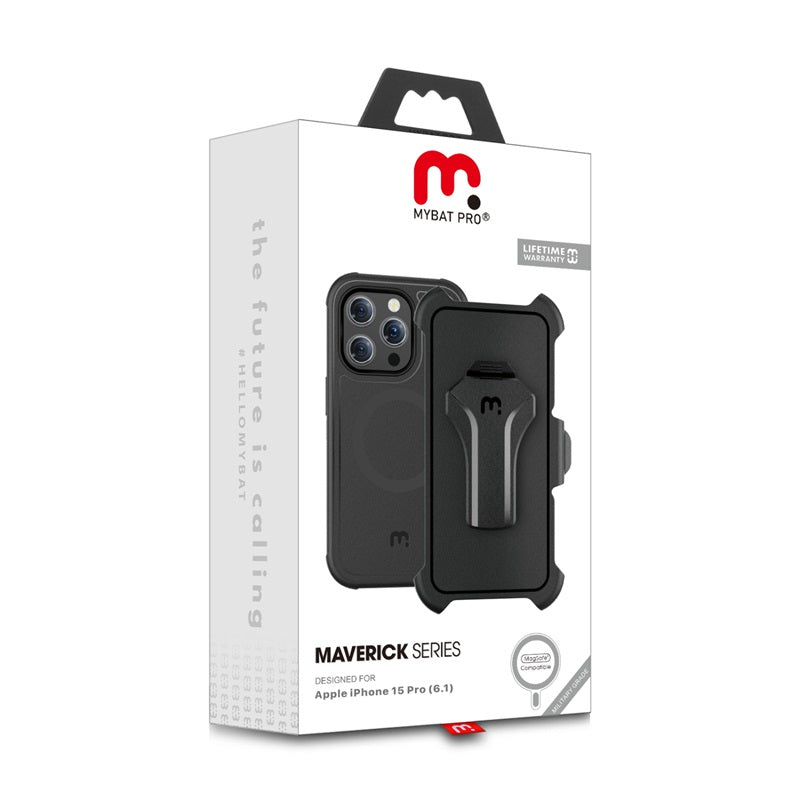 MyBat Pro Antimicrobial Maverick Series w/ MagSafe Case with Holster and Tempered Glass for Apple iPhone 15 Pro (6.1)iPhone 15 Pro