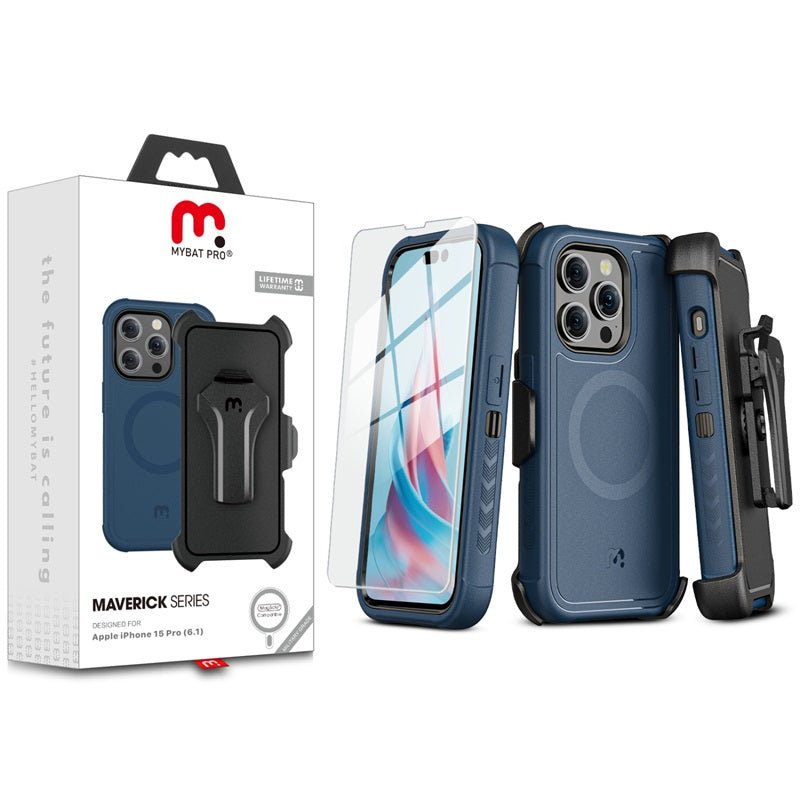 MyBat Pro Antimicrobial Maverick Series w/ MagSafe Case with Holster and Tempered Glass for Apple iPhone 15 Pro (6.1)iPhone 15 Pro