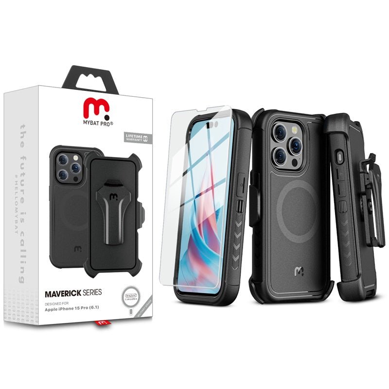 MyBat Pro Antimicrobial Maverick Series w/ MagSafe Case with Holster and Tempered Glass for Apple iPhone 15 Pro (6.1)iPhone 15 Pro