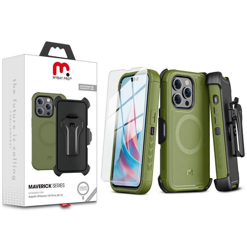 MyBat Pro Antimicrobial Maverick Series w/ MagSafe Case with Holster and Tempered Glass for Apple iPhone 15 Pro (6.1)iPhone 15 Pro