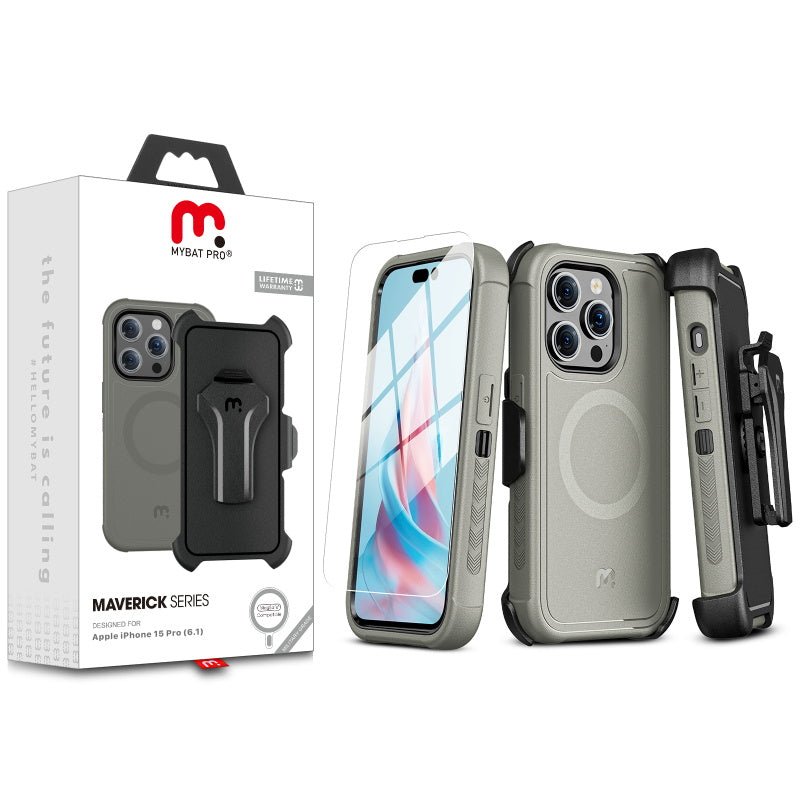 MyBat Pro Antimicrobial Maverick Series w/ MagSafe Case with Holster and Tempered Glass for Apple iPhone 15 Pro (6.1)iPhone 15 Pro