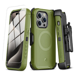 MyBat Pro Antimicrobial Maverick Series w/ MagSafe Case with Holster and Tempered Glass for Apple iPhone 15 Pro (6.1)iPhone 15 Pro