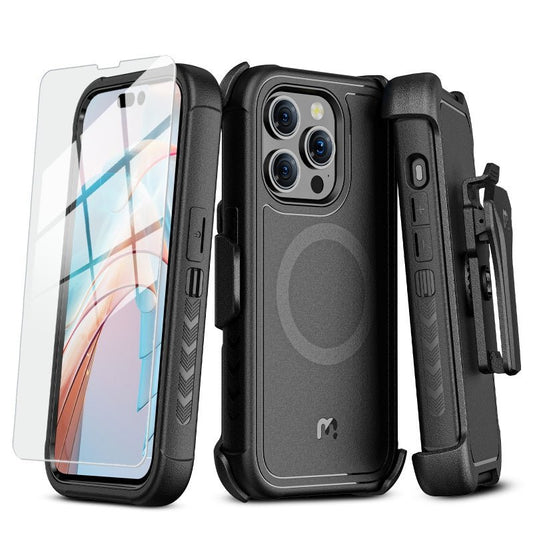 MyBat Pro Antimicrobial Maverick Series w/ MagSafe Case with Holster and Tempered Glass for Apple iPhone 15 Pro Max (6.7)iPhone 15 Pro Max