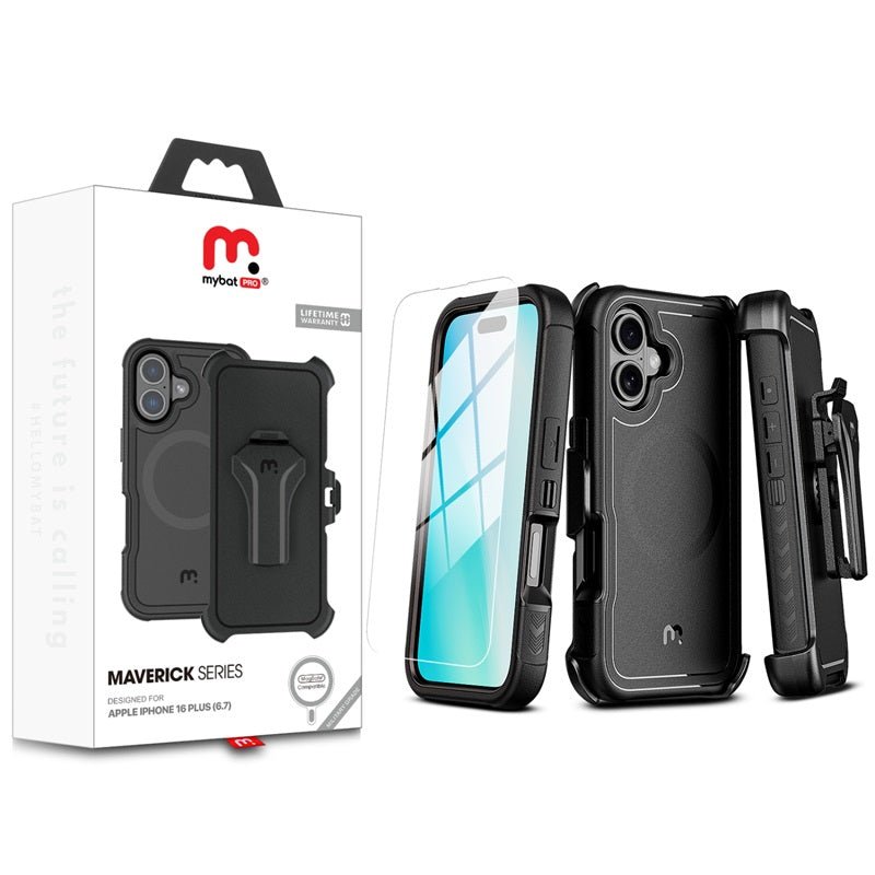 MyBat Pro Antimicrobial Maverick Series w/ MagSafe Case with Holster and Tempered Glass for Apple iPhone 16 PlusiPhone 16 Plus