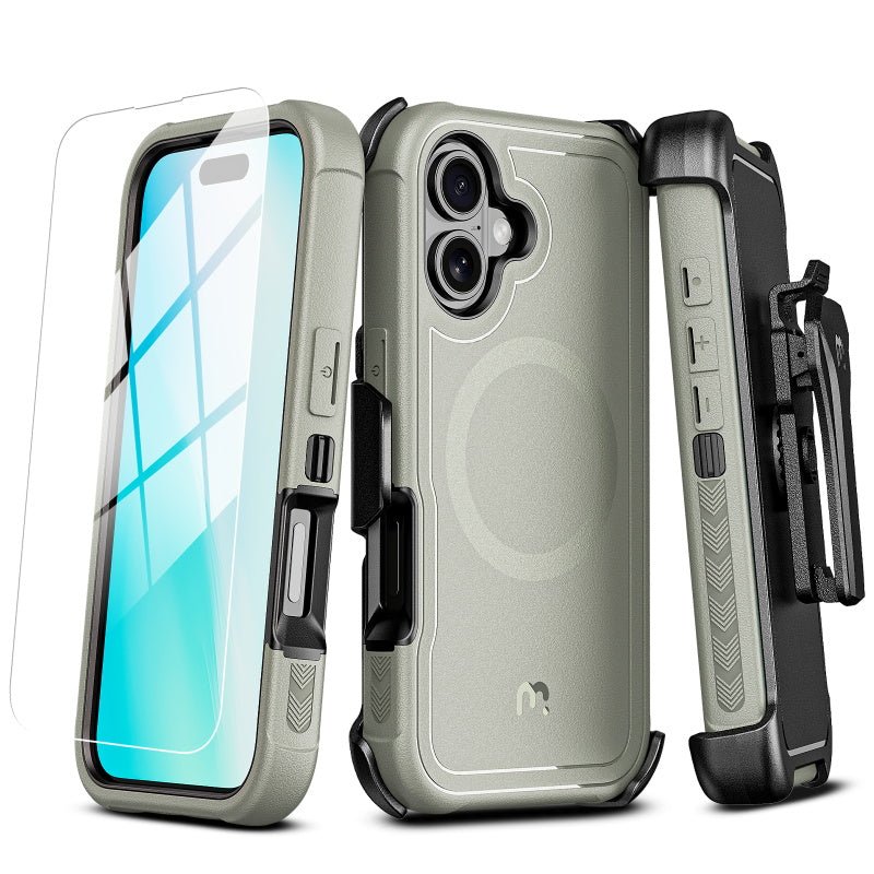 MyBat Pro Antimicrobial Maverick Series w/ MagSafe Case with Holster and Tempered Glass for Apple iPhone 16 PlusiPhone 16 Plus