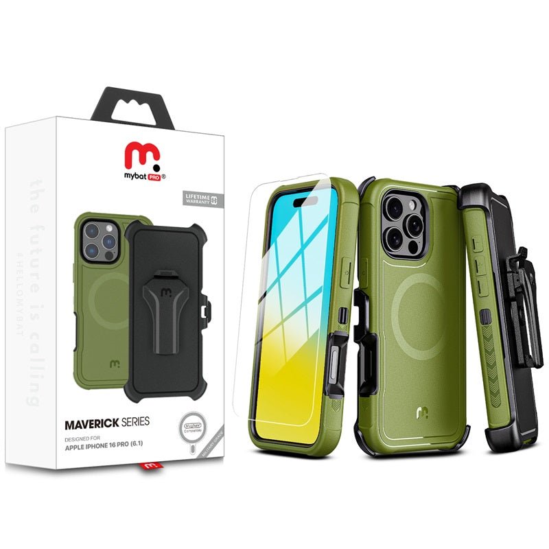 MyBat Pro Antimicrobial Maverick Series w/ MagSafe Case with Holster and Tempered Glass for Apple iPhone 16 ProiPhone 16 Pro