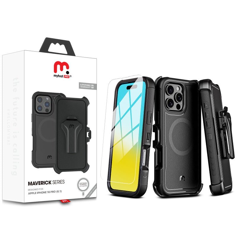 MyBat Pro Antimicrobial Maverick Series w/ MagSafe Case with Holster and Tempered Glass for Apple iPhone 16 ProiPhone 16 Pro