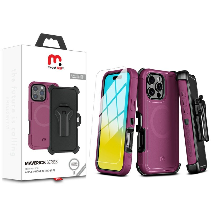 MyBat Pro Antimicrobial Maverick Series w/ MagSafe Case with Holster and Tempered Glass for Apple iPhone 16 ProiPhone 16 Pro