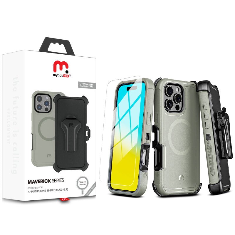 MyBat Pro Antimicrobial Maverick Series w/ MagSafe Case with Holster and Tempered Glass for Apple iPhone 16 Pro MaxiPhone 16 Pro Max