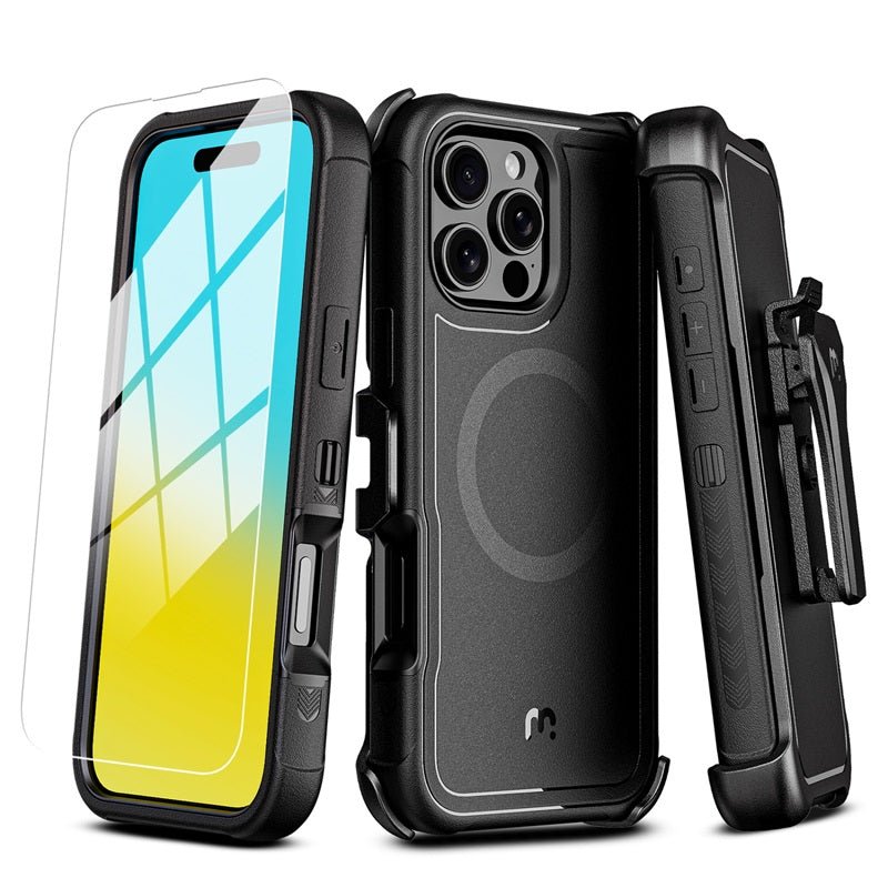 MyBat Pro Antimicrobial Maverick Series w/ MagSafe Case with Holster and Tempered Glass for Apple iPhone 16 Pro MaxiPhone 16 Pro Max