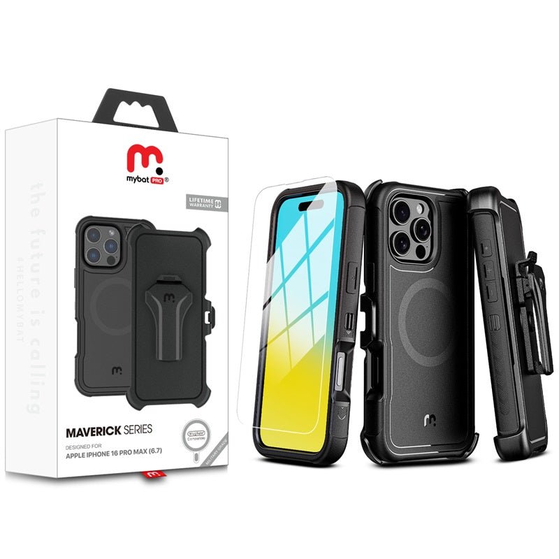 MyBat Pro Antimicrobial Maverick Series w/ MagSafe Case with Holster and Tempered Glass for Apple iPhone 16 Pro MaxiPhone 16 Pro Max