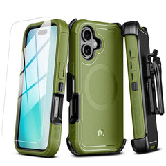 MyBat Pro Antimicrobial Maverick Series w/ MagSafe Case with Holster and Tempered Glass for Apple iPhone 16iPhone 16