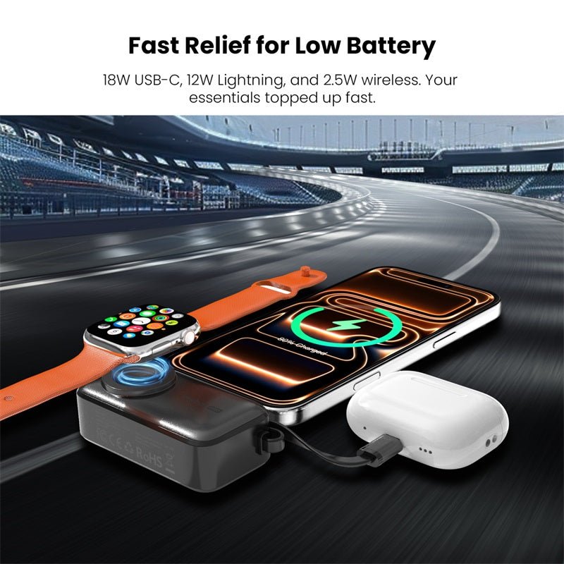 MyBat Pro Capsule 3 - in - 1 Power Bank with Apple Watch Charger, Built - In Cables + Kickstand - 5000 mAhMyBat Pro