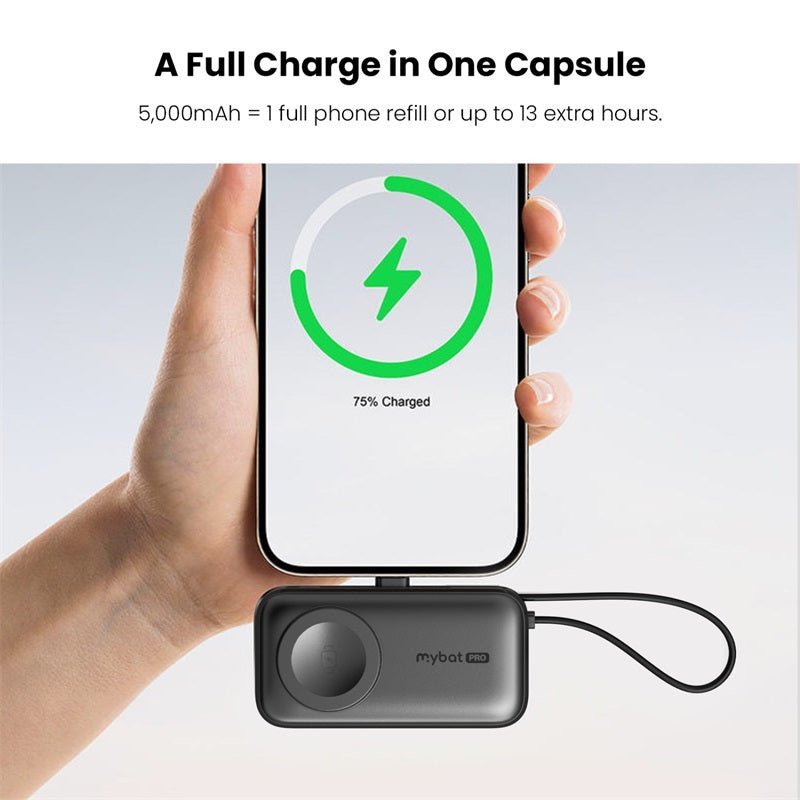 MyBat Pro Capsule 3 - in - 1 Power Bank with Apple Watch Charger, Built - In Cables + Kickstand - 5000 mAhMyBat Pro