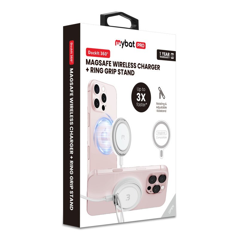 MyBat Pro DockIt 360° MagSafe Wireless Charger + Ring Grip Stand - BlackMyBat Pro