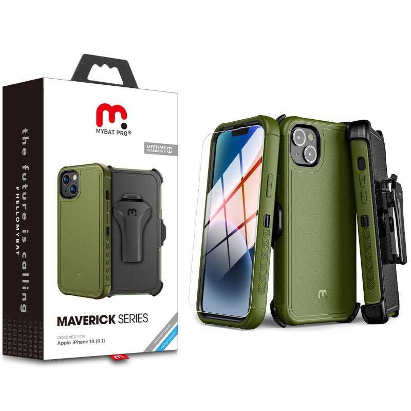 MyBat Pro Maverick Series Case w/ Holster and Tempered Glass for Apple iPhone 14 (6.1) / 13 (6.1)iPhone 14/13
