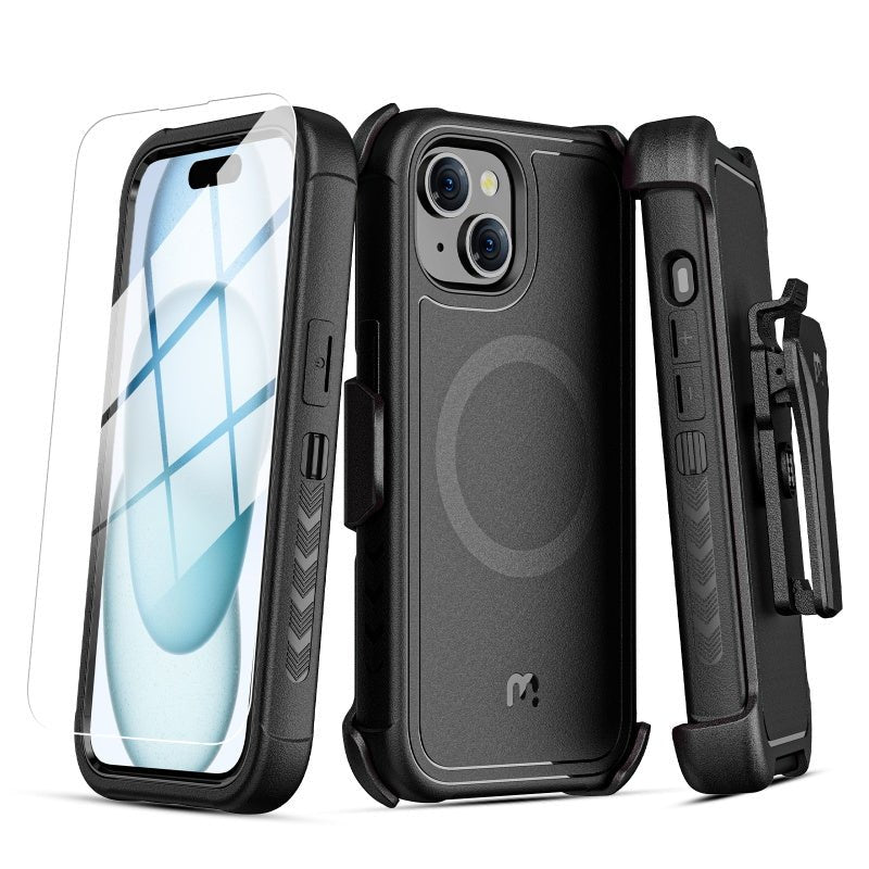 MyBat Pro Maverick Series MagSafe Case w/ Holster and Tempered Glass for Apple iPhone 15 (6.1) - BlackMyBat Pro