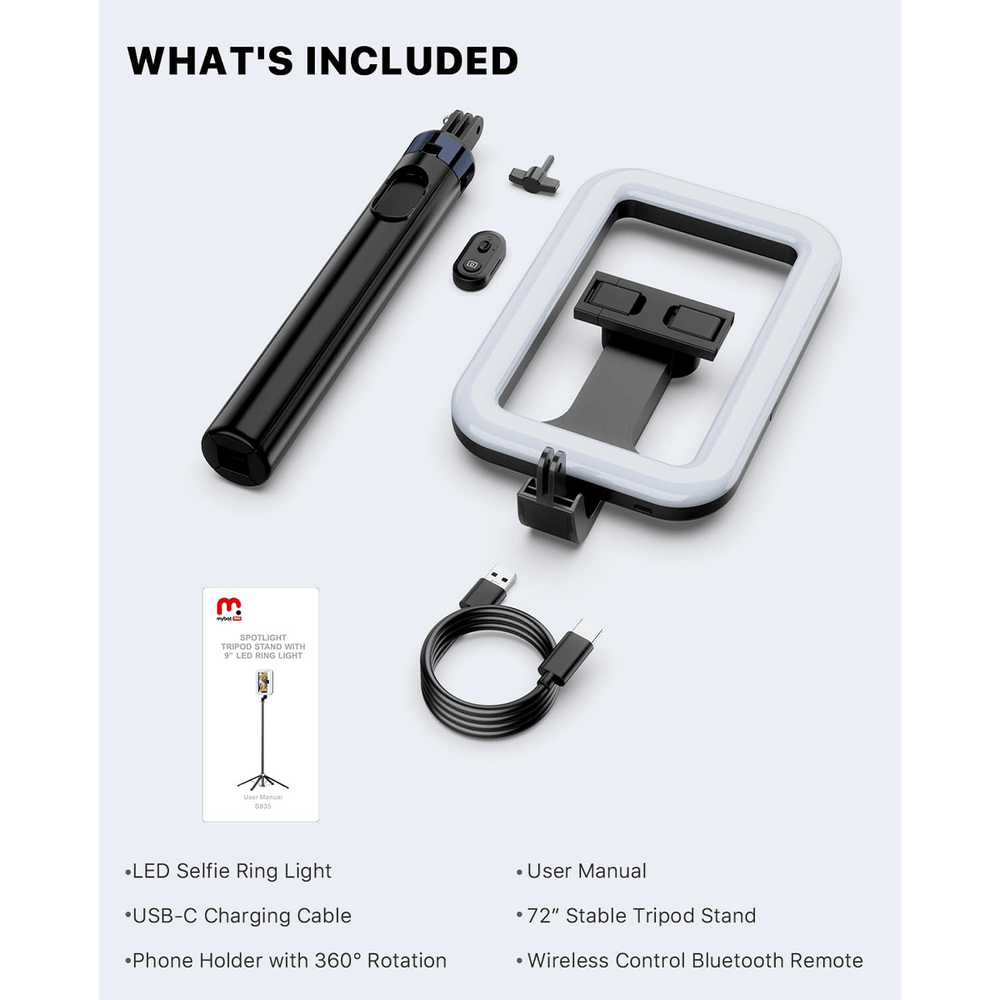 MyBat Pro Selfie Ring Light with 72" Tripod Stand - Extendable Selfie Stick with Light for Phone, Live Streaming, Makeup, Travel, Gaming, Video, Includes Phone Holder& USB - C Powered - 1 - Year WarrantyMyBat Pro