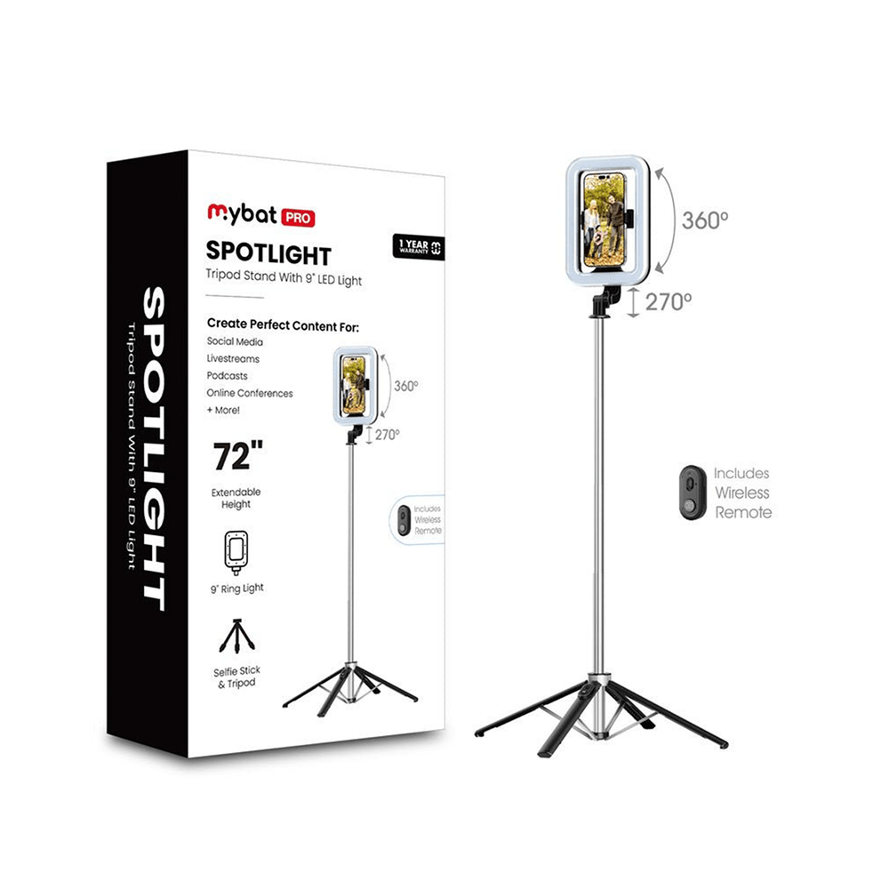 MyBat Pro Selfie Ring Light with 72" Tripod Stand - Extendable Selfie Stick with Light for Phone, Live Streaming, Makeup, Travel, Gaming, Video, Includes Phone Holder& USB - C Powered - 1 - Year WarrantyMyBat Pro