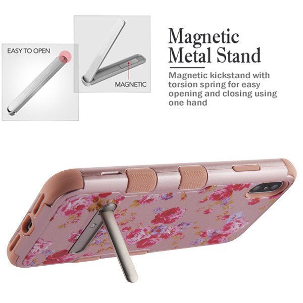 MyBat TUFF Series Case (with Magnetic Metal Stand) for Apple iPhone XS Max - Vintage Rose Bush Textured Rose Gold / Rose Gold