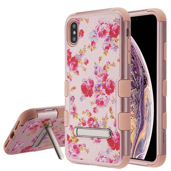 MyBat TUFF Series Case (with Magnetic Metal Stand) for Apple iPhone XS Max - Vintage Rose Bush Textured Rose Gold / Rose Gold