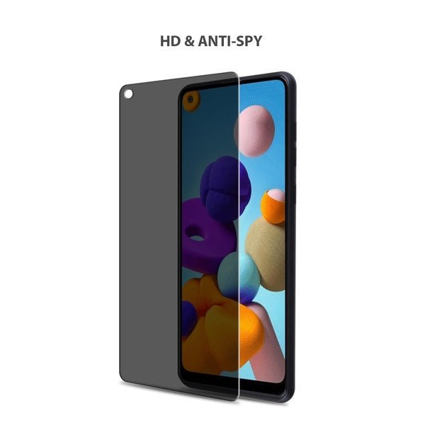 MyBat UV Liquid Glue Full 3D Curved Premium Tempered Glass Screen Protector with Installation Frame (Fingerprint Sensor Supported) for Samsung Galaxy A21 - ClearMyBat Pro